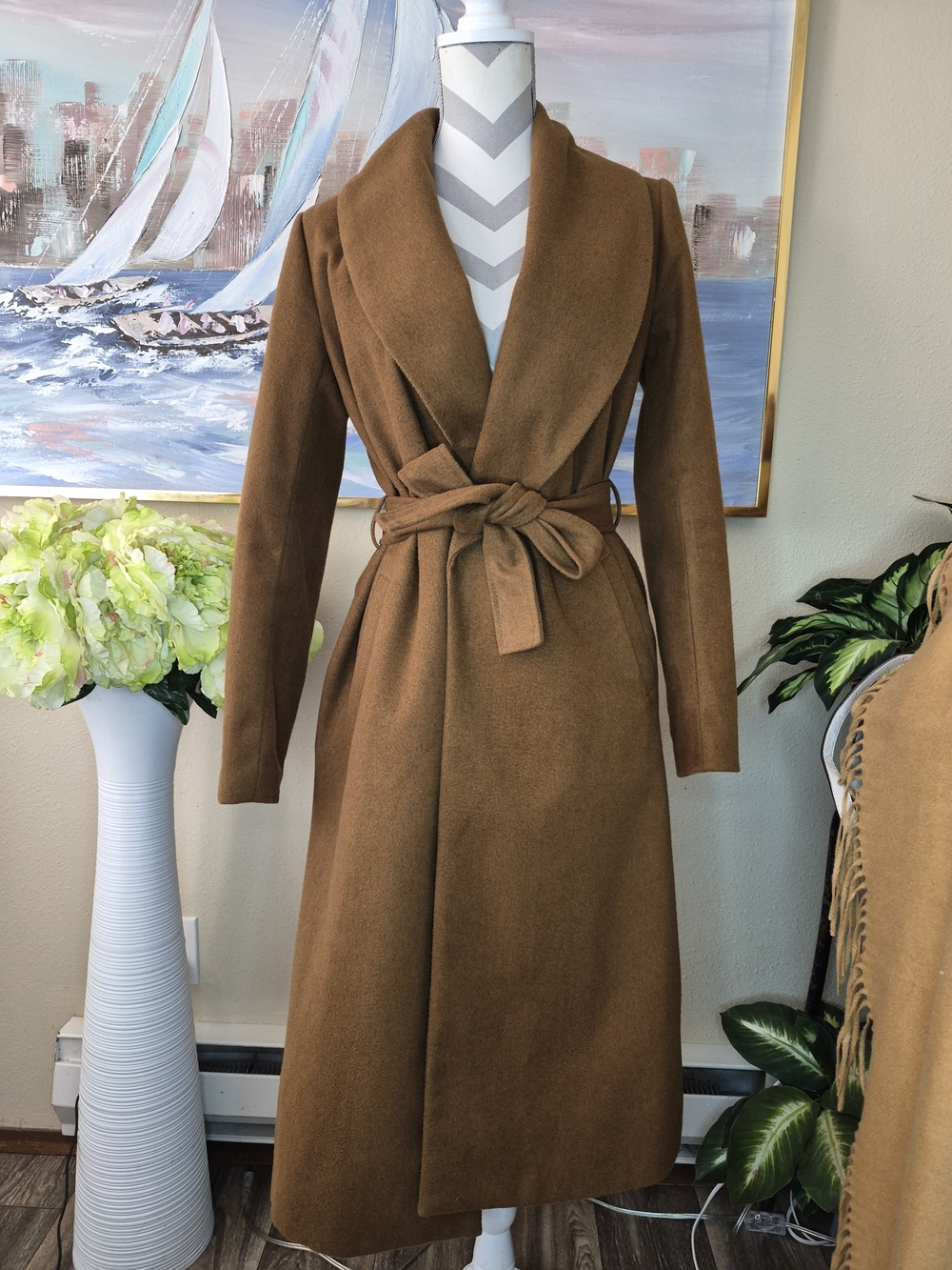 New Look Long Wrap Belted Dress Coat in Brown